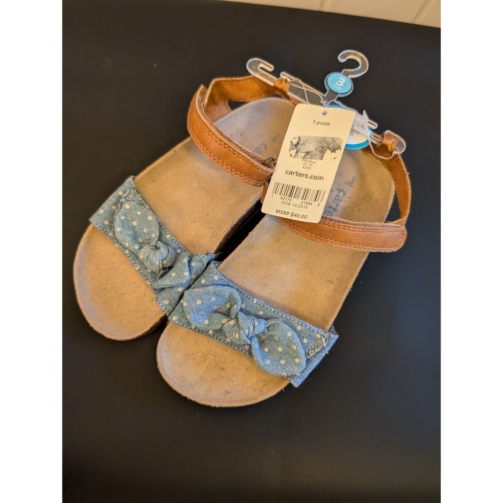 NWT Carters Denim & Silver Pokadots Bow Sandals Size T3